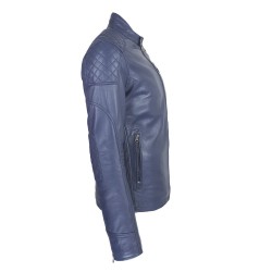 blouson cuir homme motard bleu vue de long