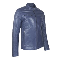 blouson cuir homme motard bleu vue de tiers