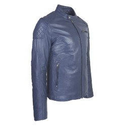 blouson cuir homme motard bleu vue de profil