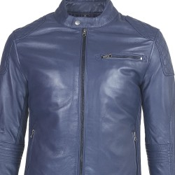 blouson cuir homme motard bleu vue gros plan