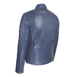 blouson cuir homme motard bleu vue trois tiers