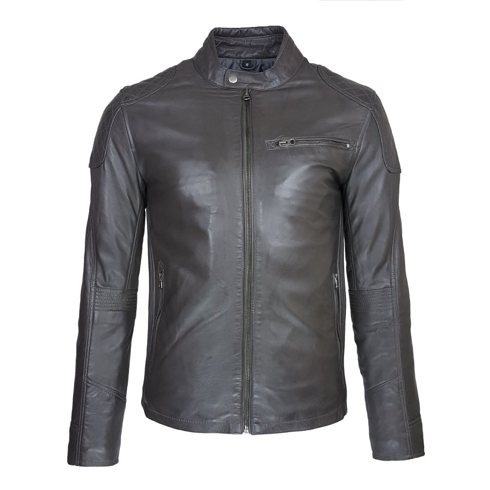 blouson cuir homme motard gris vue de face