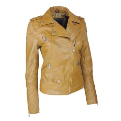 perfecto femme couleur camel  en cuir d'agneau vue de profil face