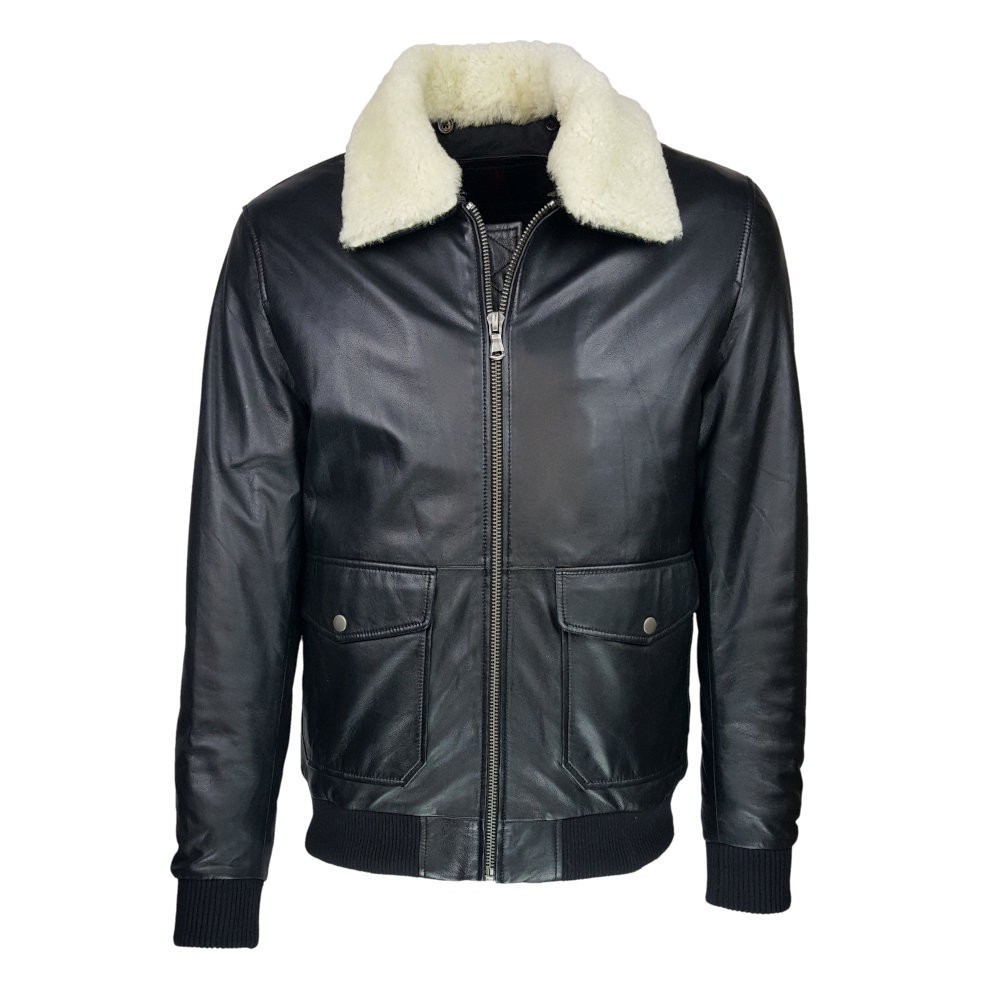 blouson-en-cuir -homme-fly-jacket -aviateur-noir-face