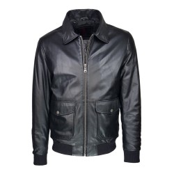blouson-en-cuir -homme-fly-jacket -aviateur-noir-face -col-chemise