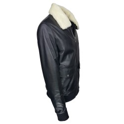 blouson-en-cuir -homme-fly-jacket -aviateur-noir-profil-plan-col-fourrure