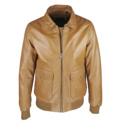 blouson-en-cuir -homme-fly-jacket -aviateur-cognac-face -col-chemise