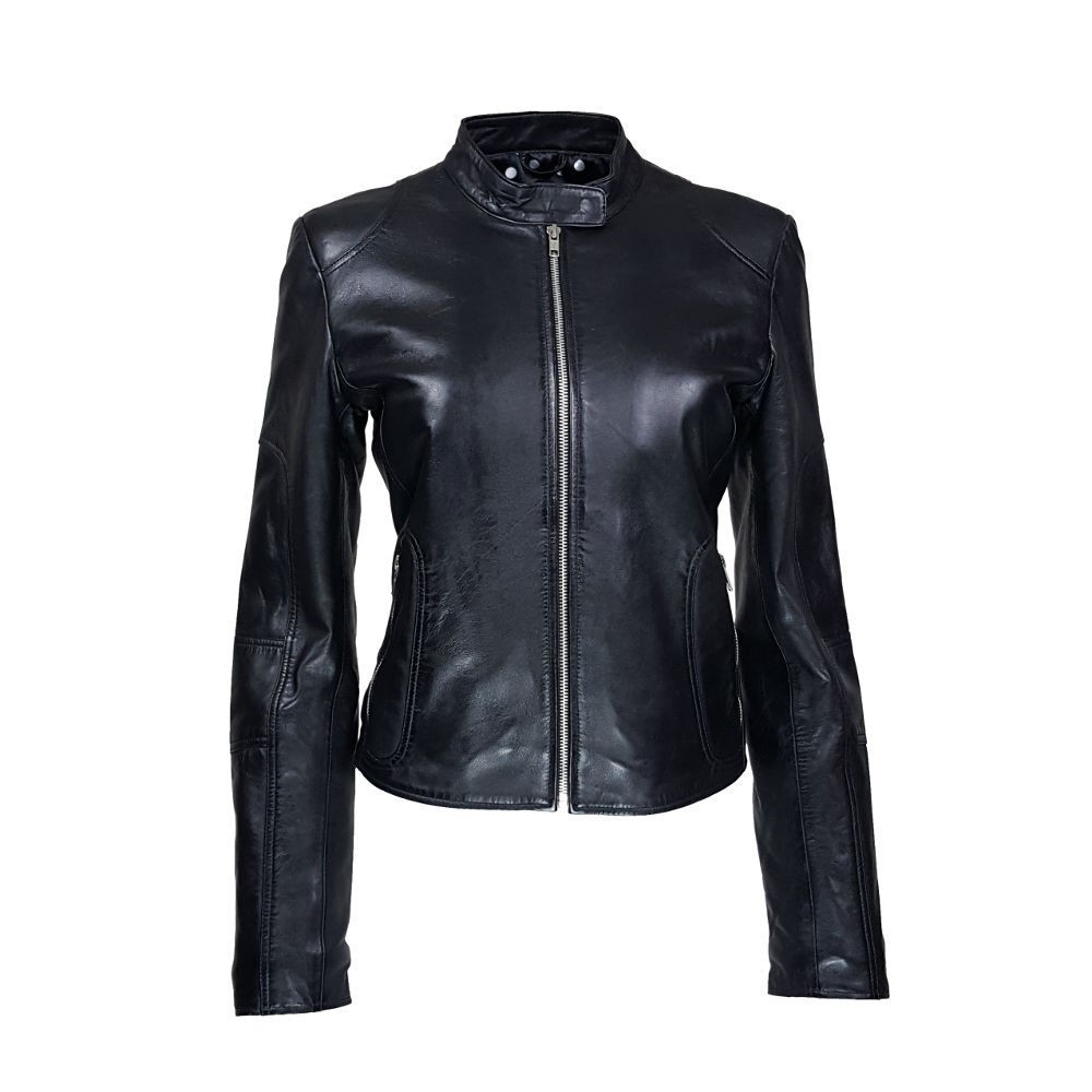 Woman jacket in lamb leather with biker style round collar